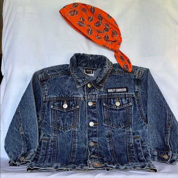 VINTAGE LIKE NEW! HARLEY-DAVIDSON DENIM BLUE JEANS JACKET & HEADWRAP SIZE 4T - Picture 3 of 16